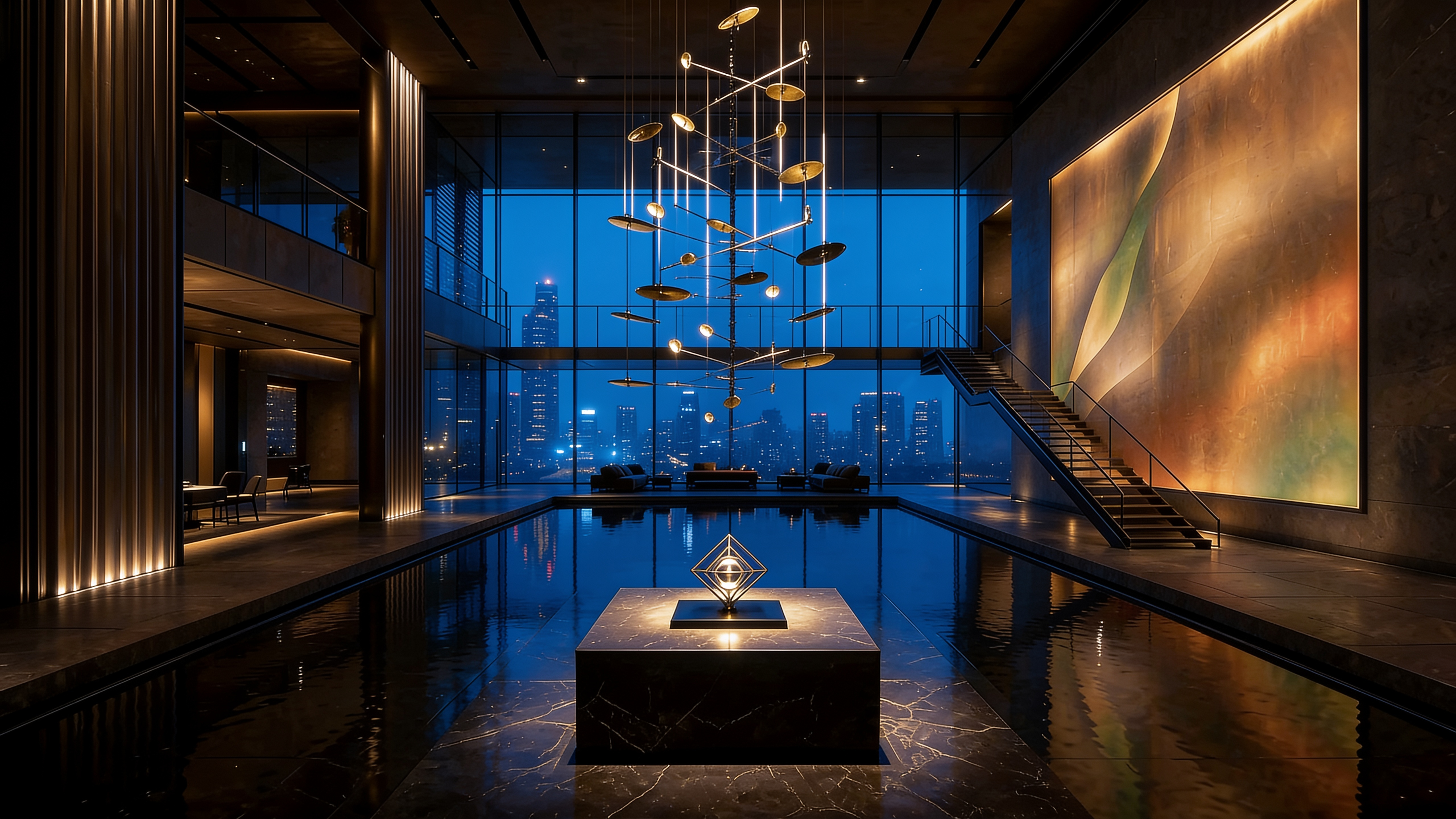 A contemporary luxury atrium with a kinetic chandelier