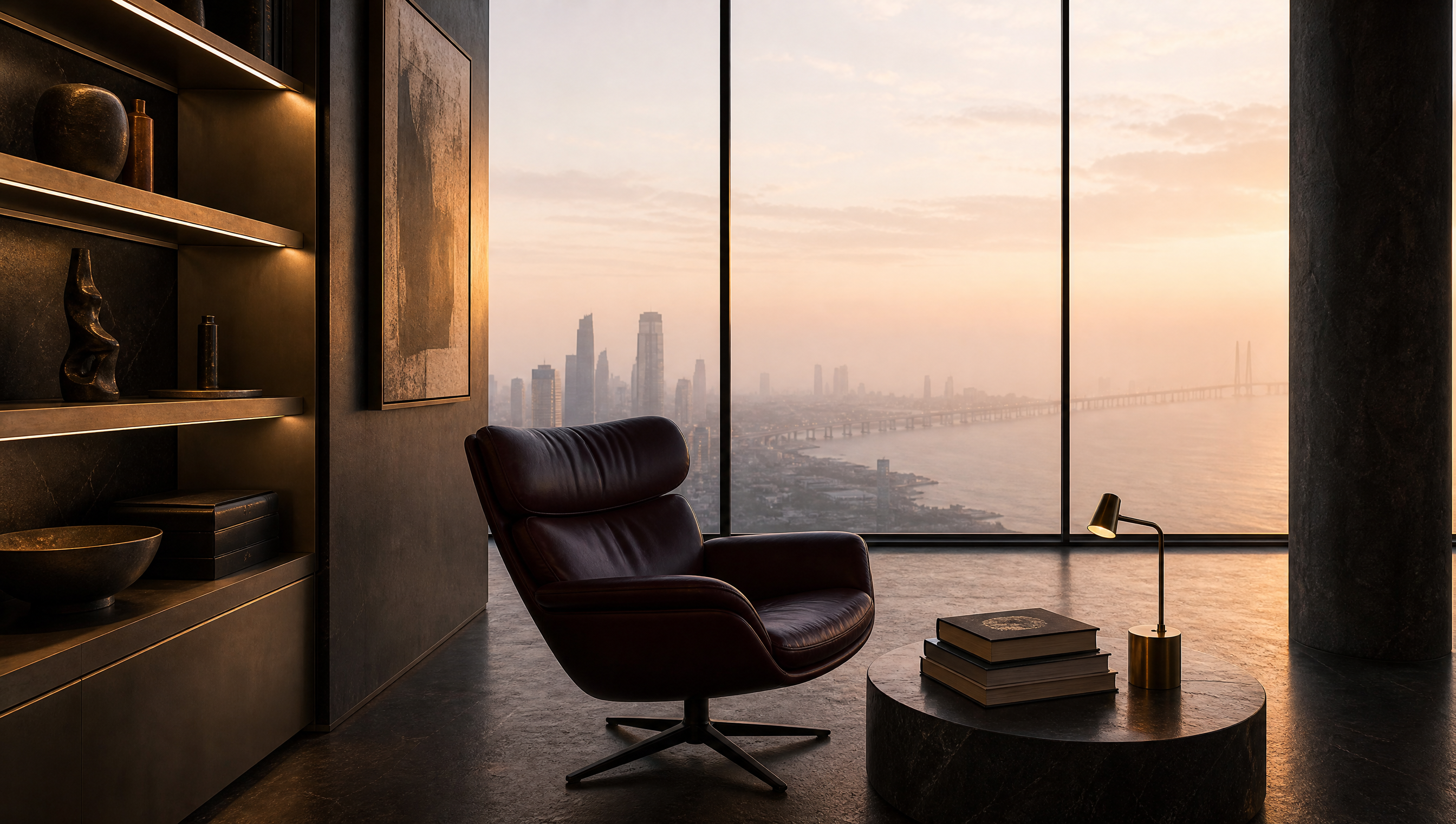 A quiet reading study overlooking the Mumbai skyline at dawn